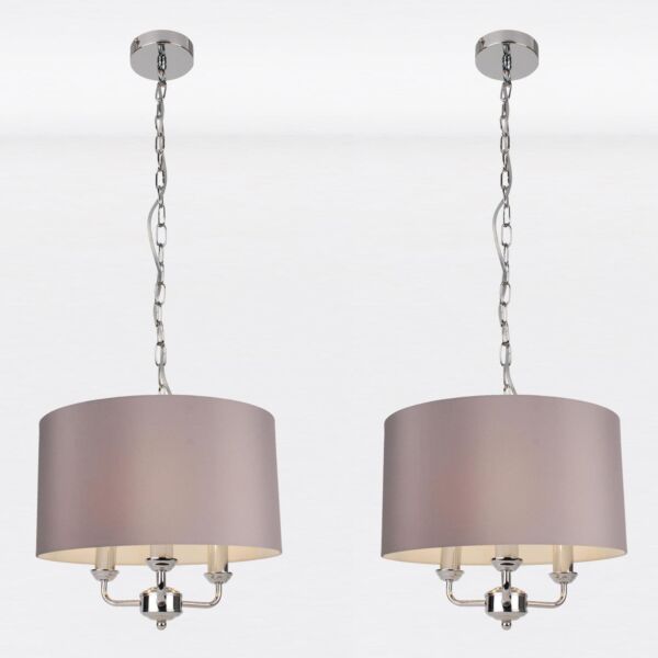 Pair of 3 Light Chrome Pendant Chandelier with Grey Fabric Shade