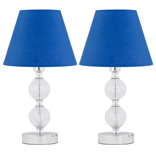 Set of 2 Chrome Two Ball Table Lamps with Royal Blue Shades