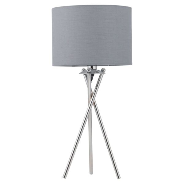 Chrome Tripod Table Lamp with Grey Cotton Shade