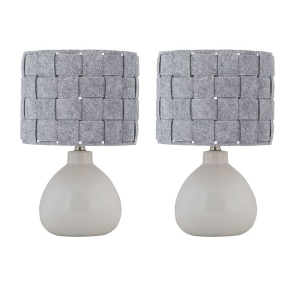 Set of 2 Tuscan - White Ceramic Lamps with Grey Felt Shade