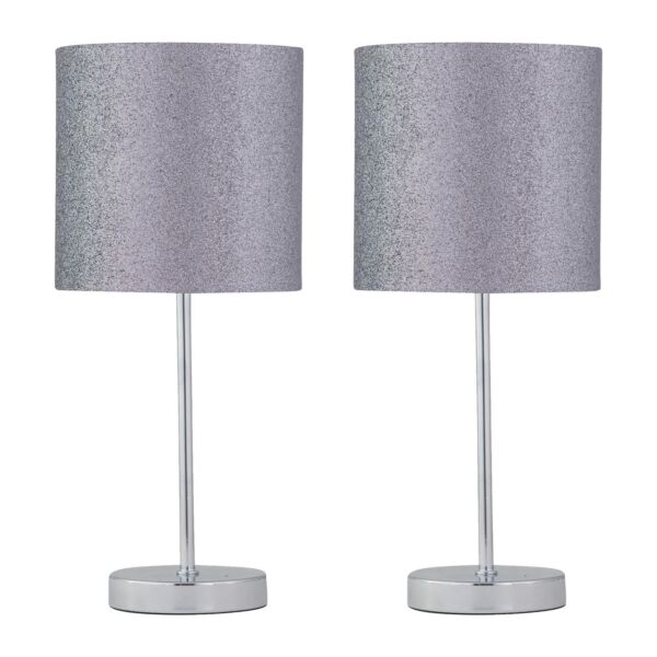 Set of 2 Chrome Stick Table Lamps with Grey Glitter Shades