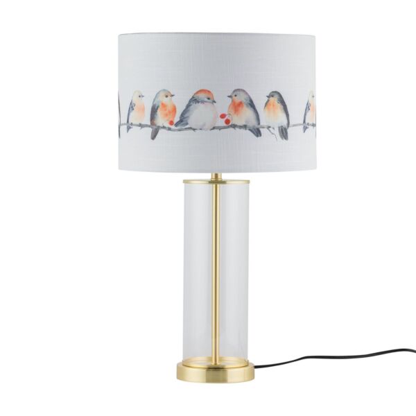 Aura - Satin Brass Table Lamp with Bird Print Linen Shade