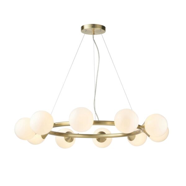 Newton - Satin Brass White Glass 10 Light Ceiling Pendant Light