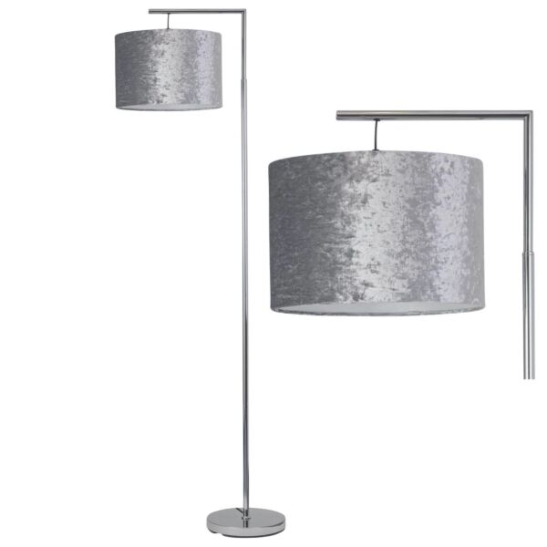 Chrome Angled Floor Lamp with Grey Crushed Velvet Shade