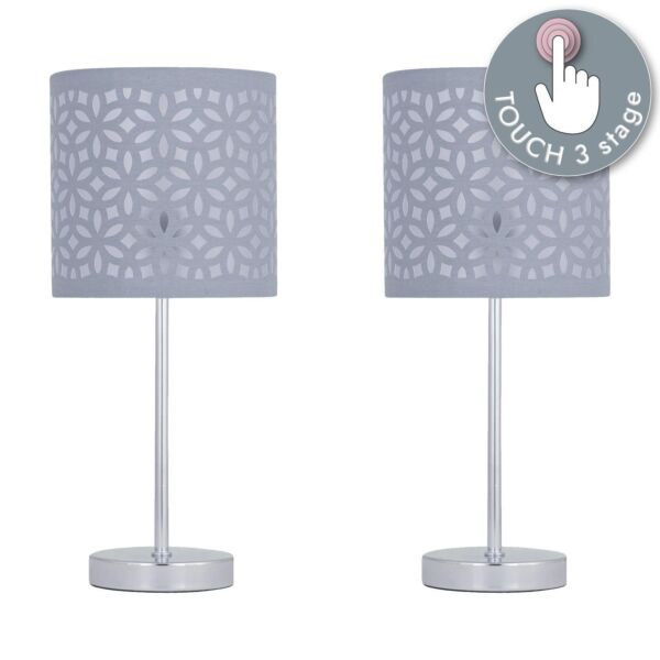 Set of 2 Chrome Touch Operated Table Lamps with Grey Cut Out Shades