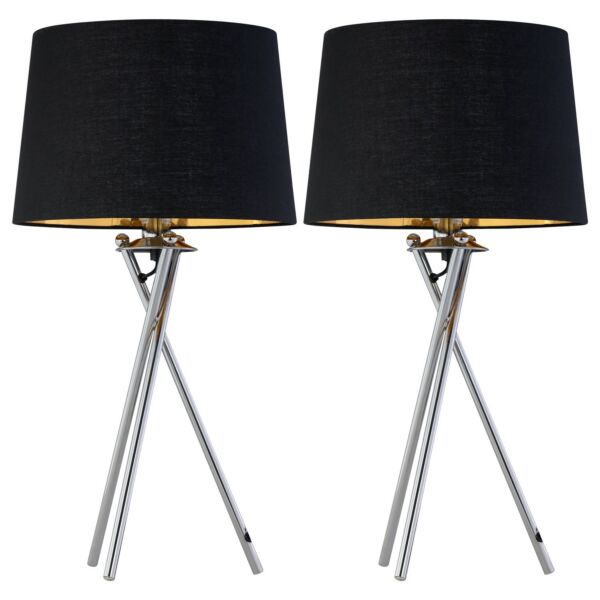 Set of 2 Tripod - Chrome Lamps with Black & Gold Fabric Shade