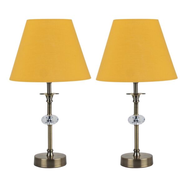 Set of 2 Antique Brass Table Lamps with Facet Detail and Ochre Shades