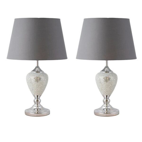 Pair of Mirrored Crackle Glass Table Lamp with Grey Shades