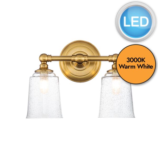 Feiss Lighting - Hugeunot Lake - FE-HUGOLAKE2BATH-BB - LED Brass Clear Seeded Glass 2 Light IP44 Bathroom Wall Light