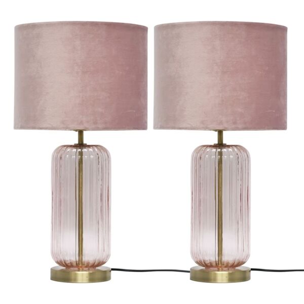 Set of 2 Walpole - Blush Glass and Antique Brass 49cm Table Lamps with Pink Velvet Shade