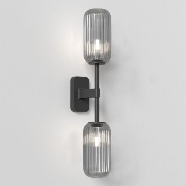 Astro Lighting - Tacoma Twin 1429005 & 5036010 - IP44 Matt Black Wall Light with Smoked Ribbed Reed Glass Shades
