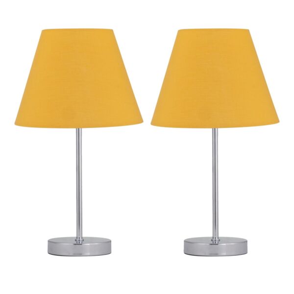 Set of 2 Chrome Stick Table Lamps with Ochre Fabric Shades