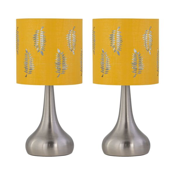 Set of 2 Romana - Brushed Chrome Touch Operated Table Lamps Bedside Lights Ochre Fern Shade