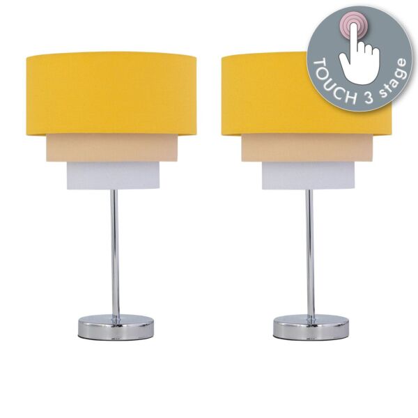 Set of 2 Chrome Touch Operated Table Lamps with Tiered Ochre Linen Shades