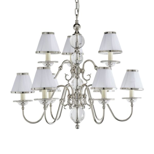 Interiors 1900 - Tilburg - 63715 - Nickel Clear Crystal Glass White Pleated 9 Light Chandelier