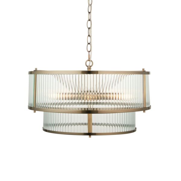 Endon Lighting - Ridgeton - 110944 - Antique Brass Clear Ribbed Glass 5 Light Ceiling Pendant Light