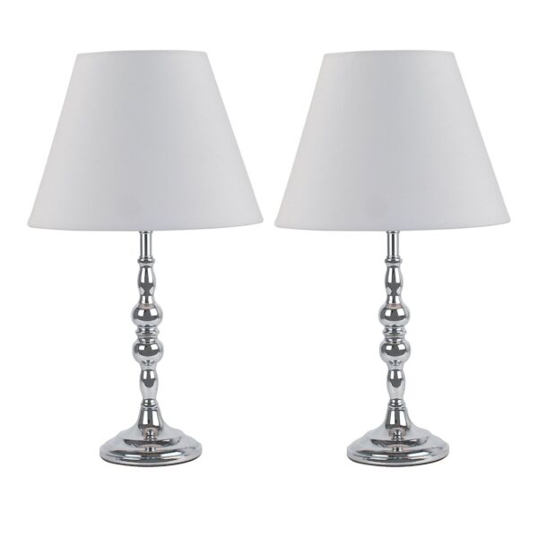 Set of 2 Chrome Table Lamps with Decorative Stem and Ivory Shades