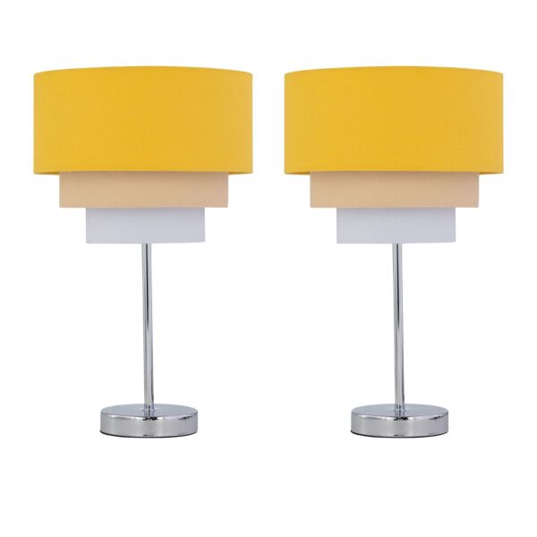 Set of 2 Chrome Stick Table Lamps with Tiered Ochre Linen Shades