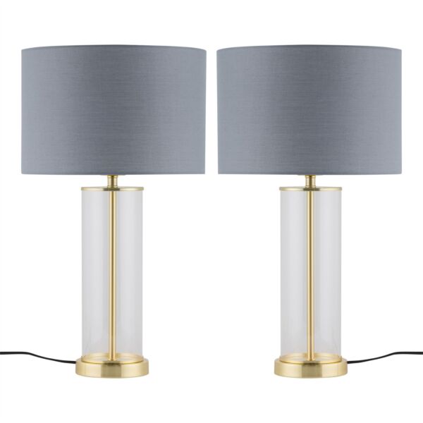 Set of 2 Aura - Satin Brass Lamps with Grey Cotton Shades