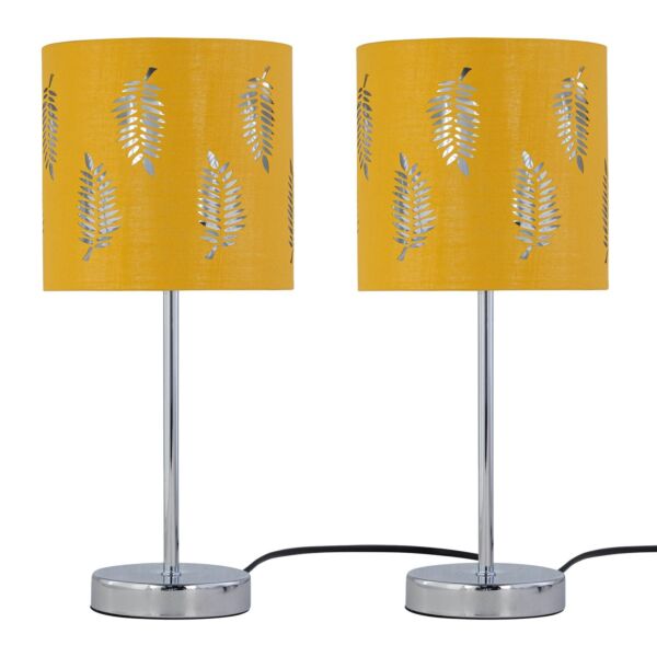 Set of 2 Chrome Stick Table Lamps with Ochre Fern Cut Out Shades