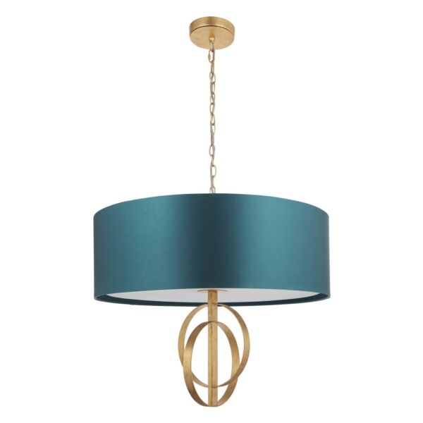 Browne - Antique Gold Leaf 5 Light Pendant - Teal Cotton Shade