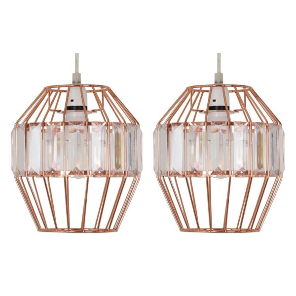 Set of 2 Beaded - Copper Cage Pendant Shade with Clear Prism Detail