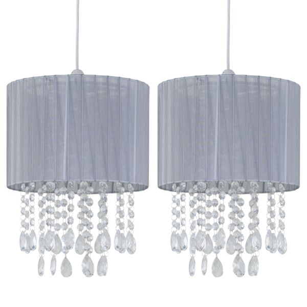 Set of 2 Voile - 25cm Jewelled Grey Ribbon Pendant Shades