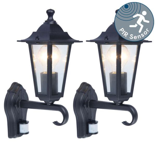 Set of 2 Corniche - Black Clear Glass IP44 Outdoor Sensor Wall Lights