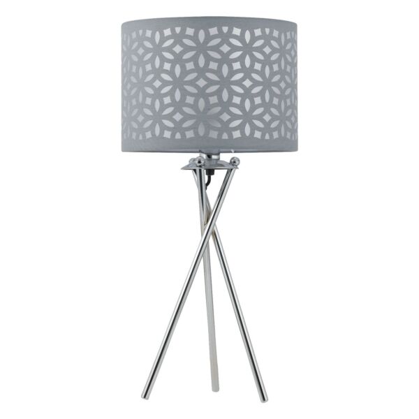 Chrome Tripod Table Lamp with Grey Laser Cut Shade