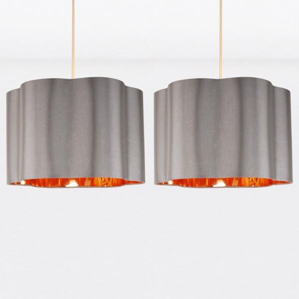 Set of 2 Grey with Copper Inner Scalloped Pendant Shades