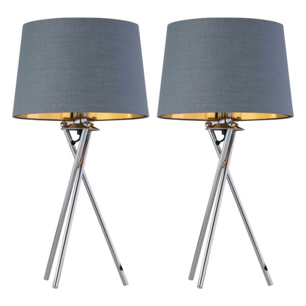 Set of 2 Tripod - Chrome Lamps with Grey & Gold Fabric Shade