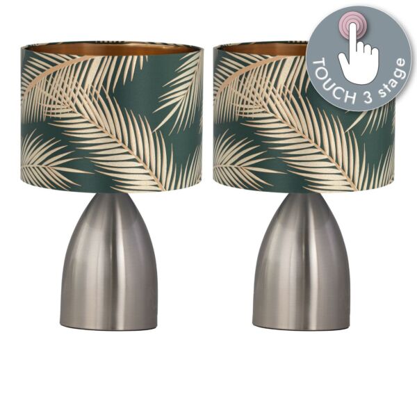 Set of 2 Valentina - Brushed Chrome Touch Lamps with Green Embossed Shades