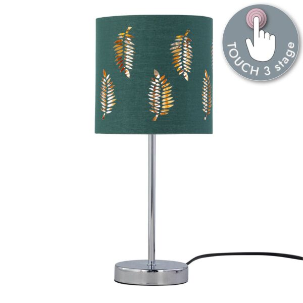 Chrome Touch Operated Table Lamp with Dark Green Fern Shade