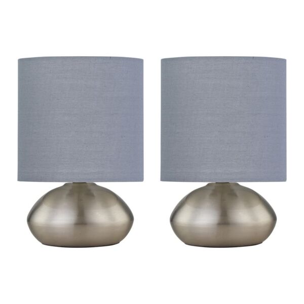 Set of 2 Jenson - Brushed Chrome Touch Table Lamps Grey Cotton Shade
