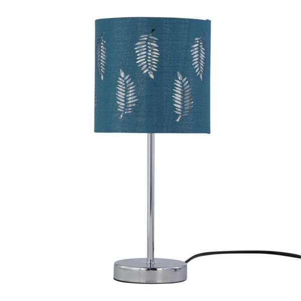 Chrome Stick Table Lamp with Teal Fern Cut Out Shade