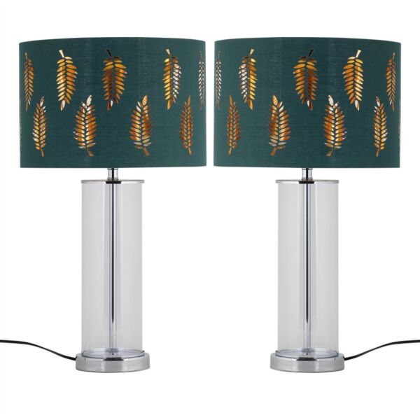 Set of 2 Aura - Chrome Table Lamps with Green Fern Cut Out Shades
