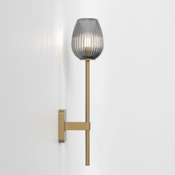 Astro Lighting - Tacoma Single Grande 1429009 & 5036008 - IP44 Antique Brass Wall Light with Smoked Ribbed Tulip Glass Shade