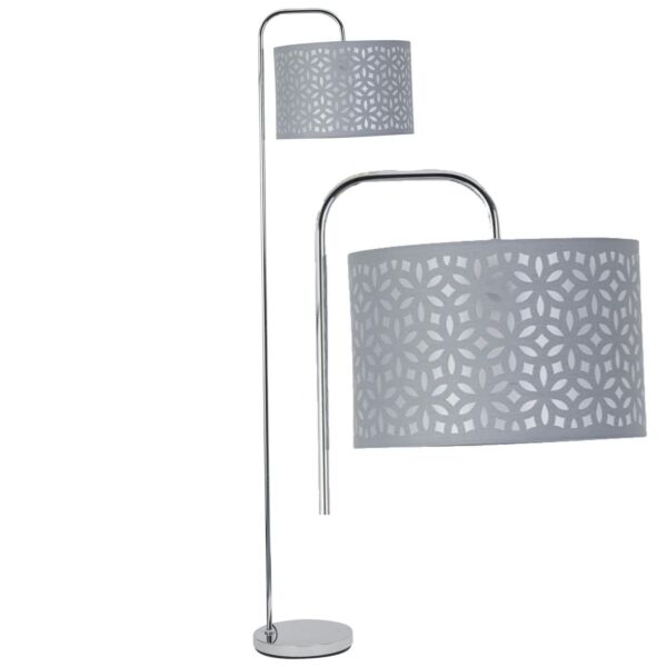 Chrome Arched Floor Lamp with Grey Laser Cut Shade