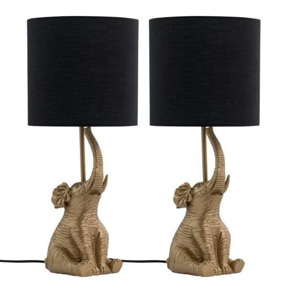 Set of 2 Elephant - Gold Resin Table Lamps With Black Fabric Shades