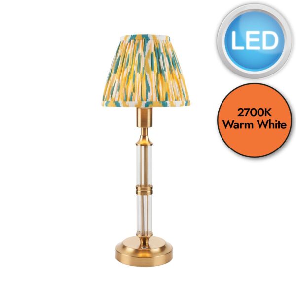 Endon Lighting - Morton Rechargeable & Ikat 16cm - 114847 - LED Aged Brass Yellow Jade Touch Table Lamp With Shade