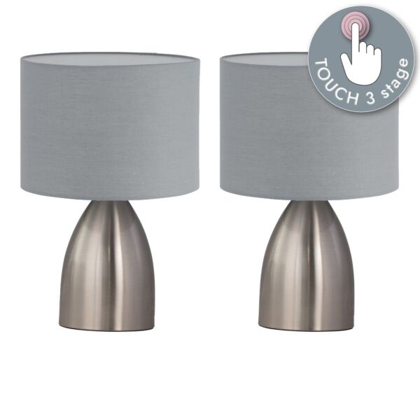 Set of 2 Valentina - Brushed Chrome Touch Lamps with Grey Shades