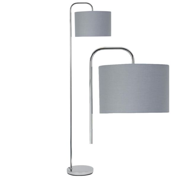 Chrome Arched Floor Lamp with Grey Cotton Shade