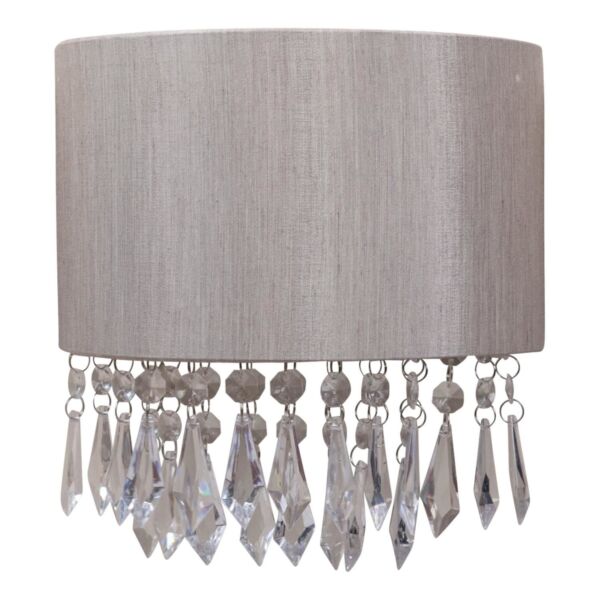 Jewelled Silver Grey Fabric Wall Light With Clear Beaded Crystal Style Strings