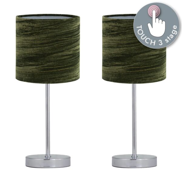 Set of 2 Chrome Touch Operated Table Lamp with Green Crushed Velvet Shades