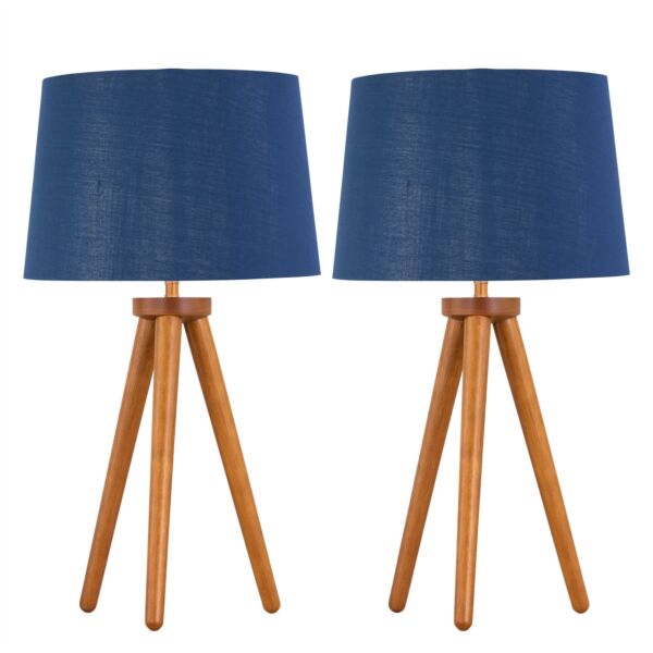 Set of 2 Dark Oak Table Lamp or Bedside Lights with Navy Silver Shades