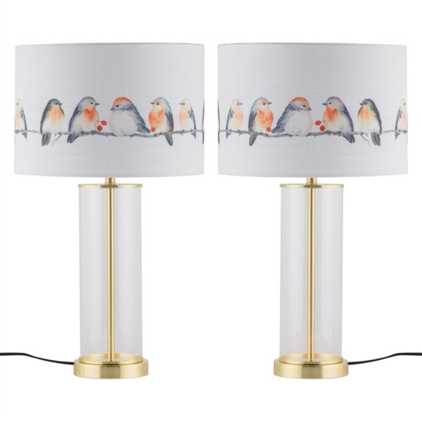 Set of 2 Aura - Satin Brass Lamps with Bird Print Linen Shades