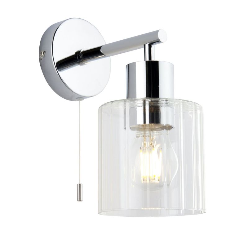Hunter Chrome Clear Ribbed Glass IP44 Pull Cord Bathroom Wall Light